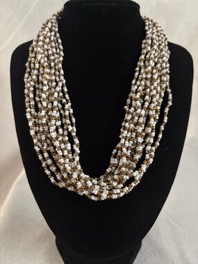 Multi-Strand White and Gold Beaded Necklace - Women Jewelry